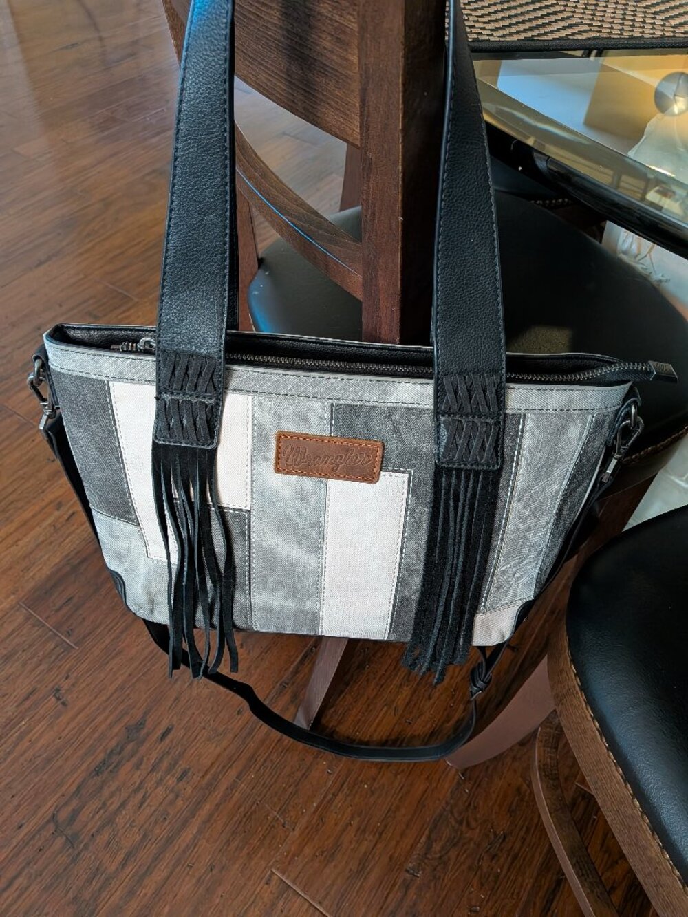 Wrangler Black Denim Patchwork Fringe Crossbody Tote Bag Western Boho